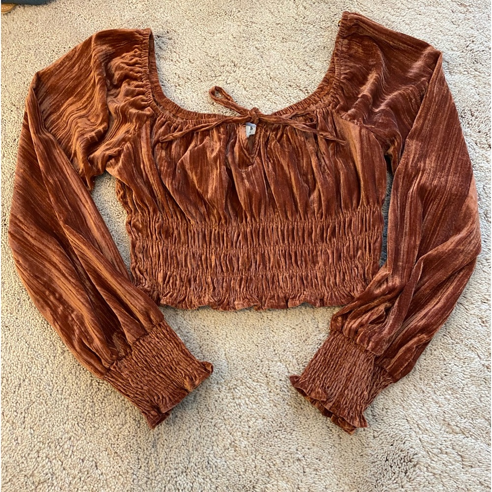 Velvet burnt orange tie front top.